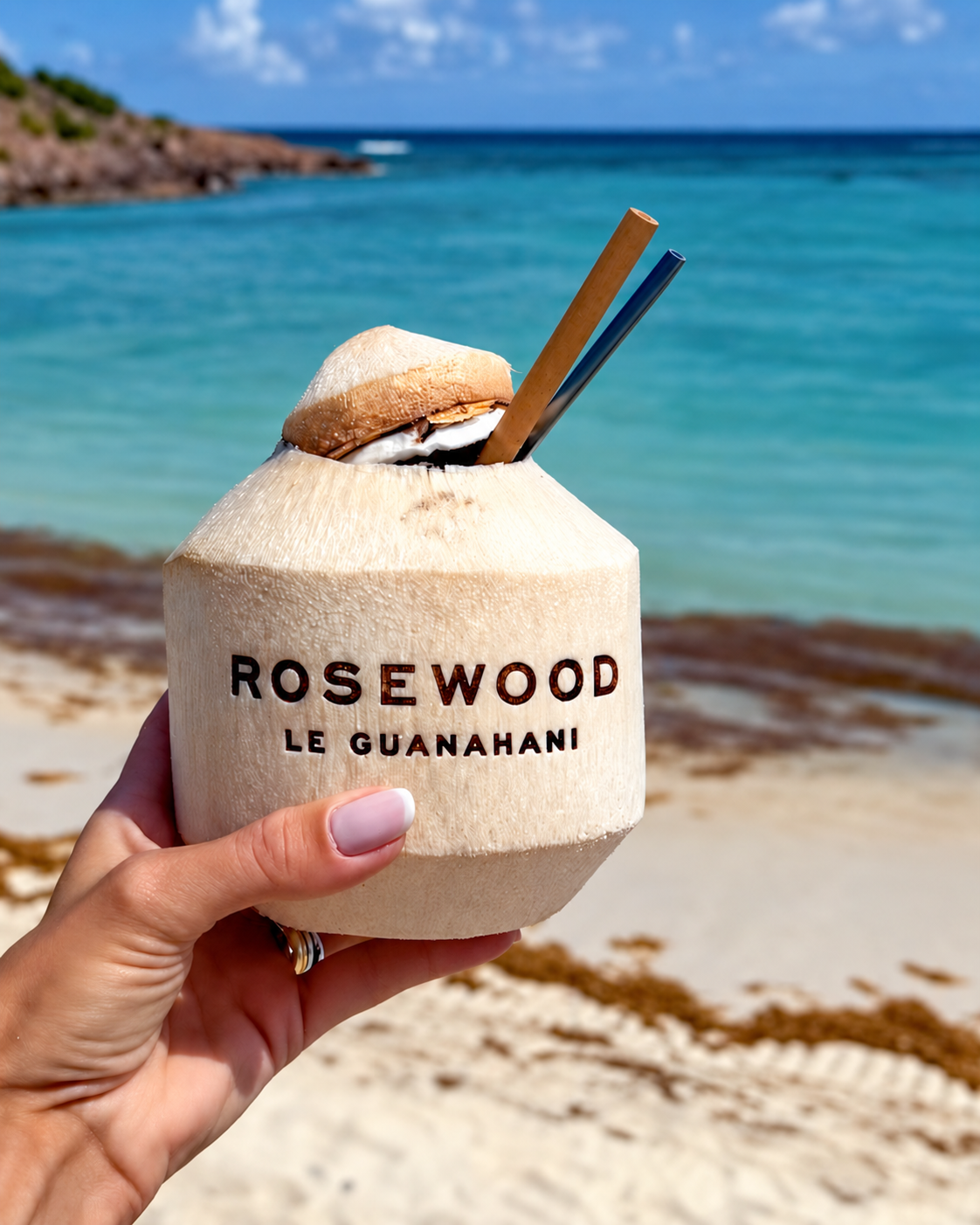 Coco ouverte gravée Rosewood Le Guanahani, tenue à la main devant la mer de Saint-Barth
